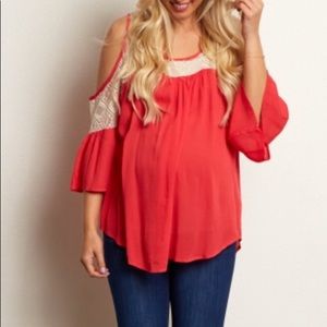 Coral Mesh Neckline Maternity Top